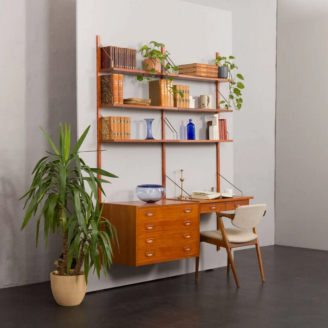 Danish teak wall-mounted bookcase with desk and drawer unit by Preben Sorensen for PS Systems, 1960s 2