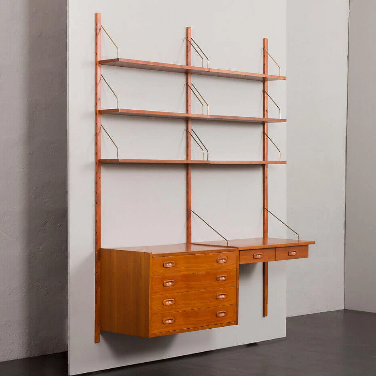 Danish teak wall-mounted bookcase with desk and drawer unit by Preben Sorensen for PS Systems, 1960s 3
