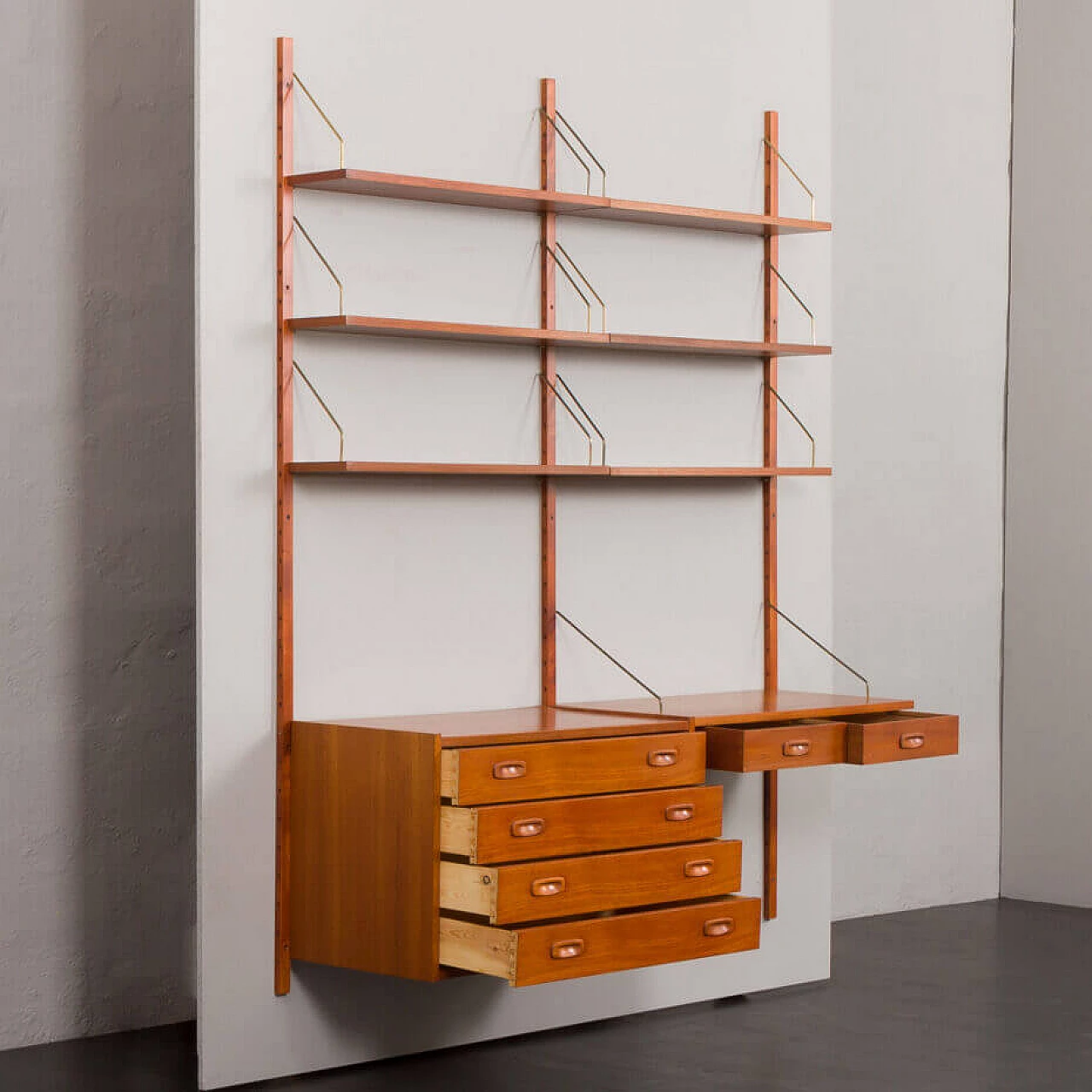Danish teak wall-mounted bookcase with desk and drawer unit by Preben Sorensen for PS Systems, 1960s 4
