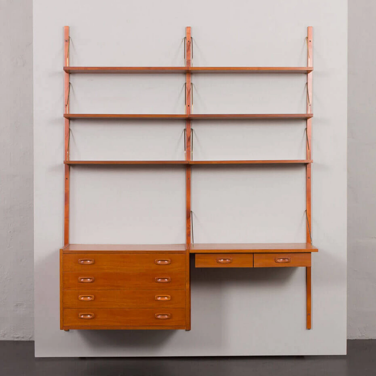 Danish teak wall-mounted bookcase with desk and drawer unit by Preben Sorensen for PS Systems, 1960s 5