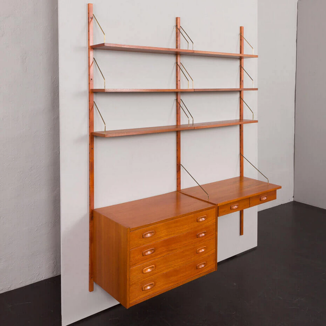 Danish teak wall-mounted bookcase with desk and drawer unit by Preben Sorensen for PS Systems, 1960s 6