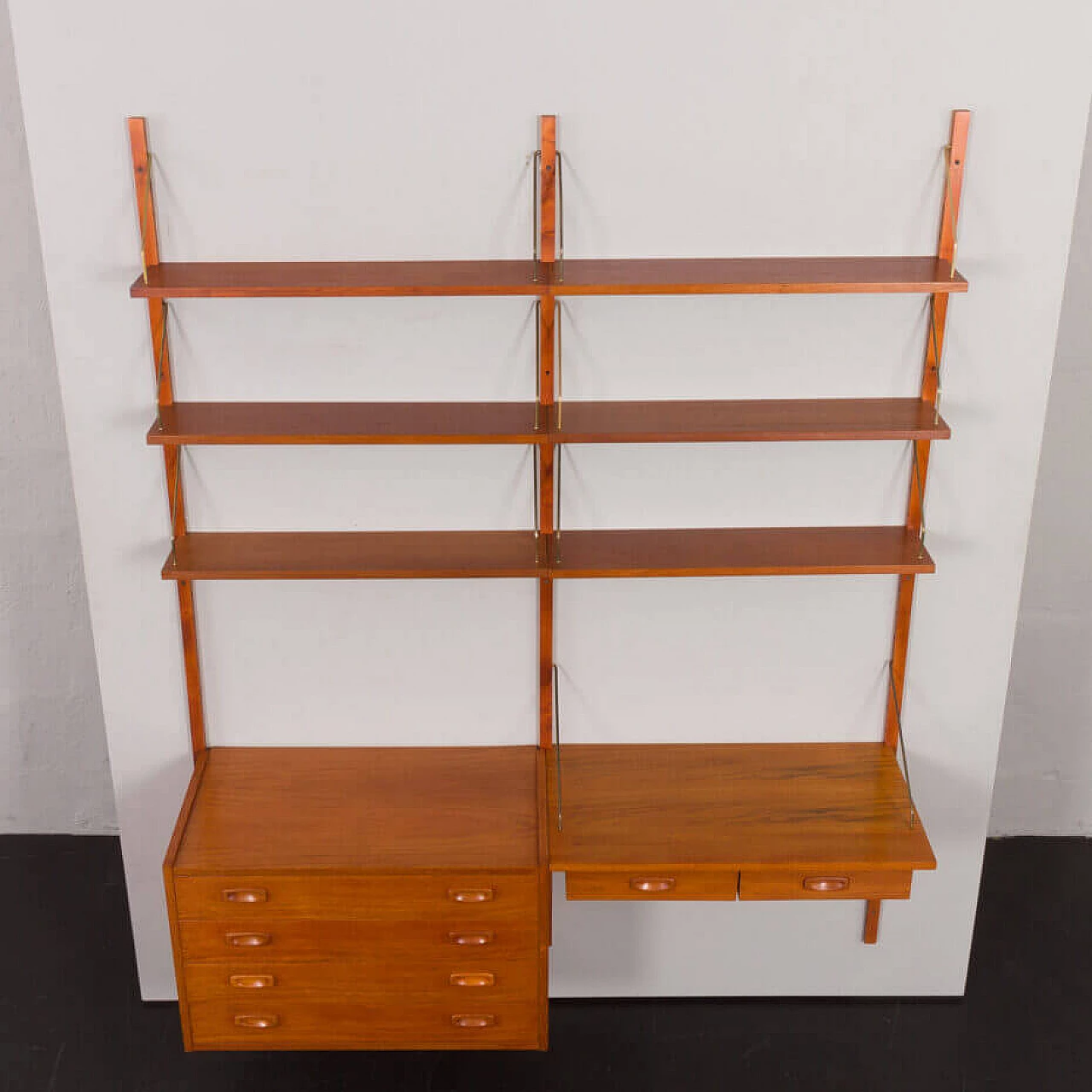 Danish teak wall-mounted bookcase with desk and drawer unit by Preben Sorensen for PS Systems, 1960s 7