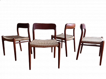 4 Chairs 75 in teak with paper cord seat by Niels Otto Mølller, 1950s