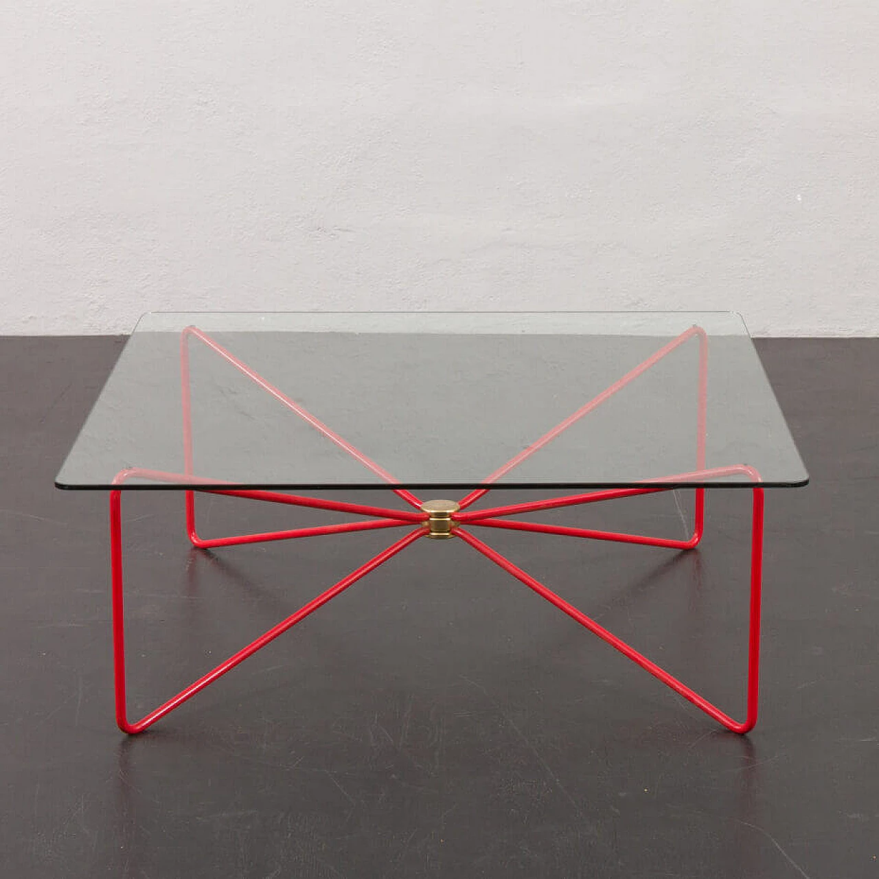 Square coffee table with red Spaghetti base and glass top, 1970s 1