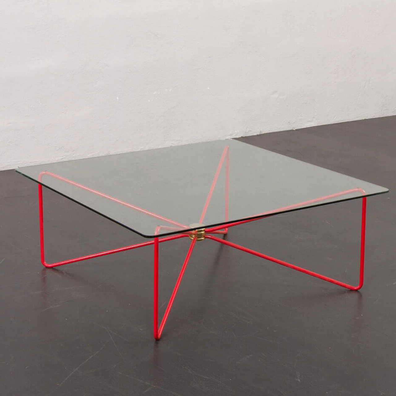 Square coffee table with red Spaghetti base and glass top, 1970s 2