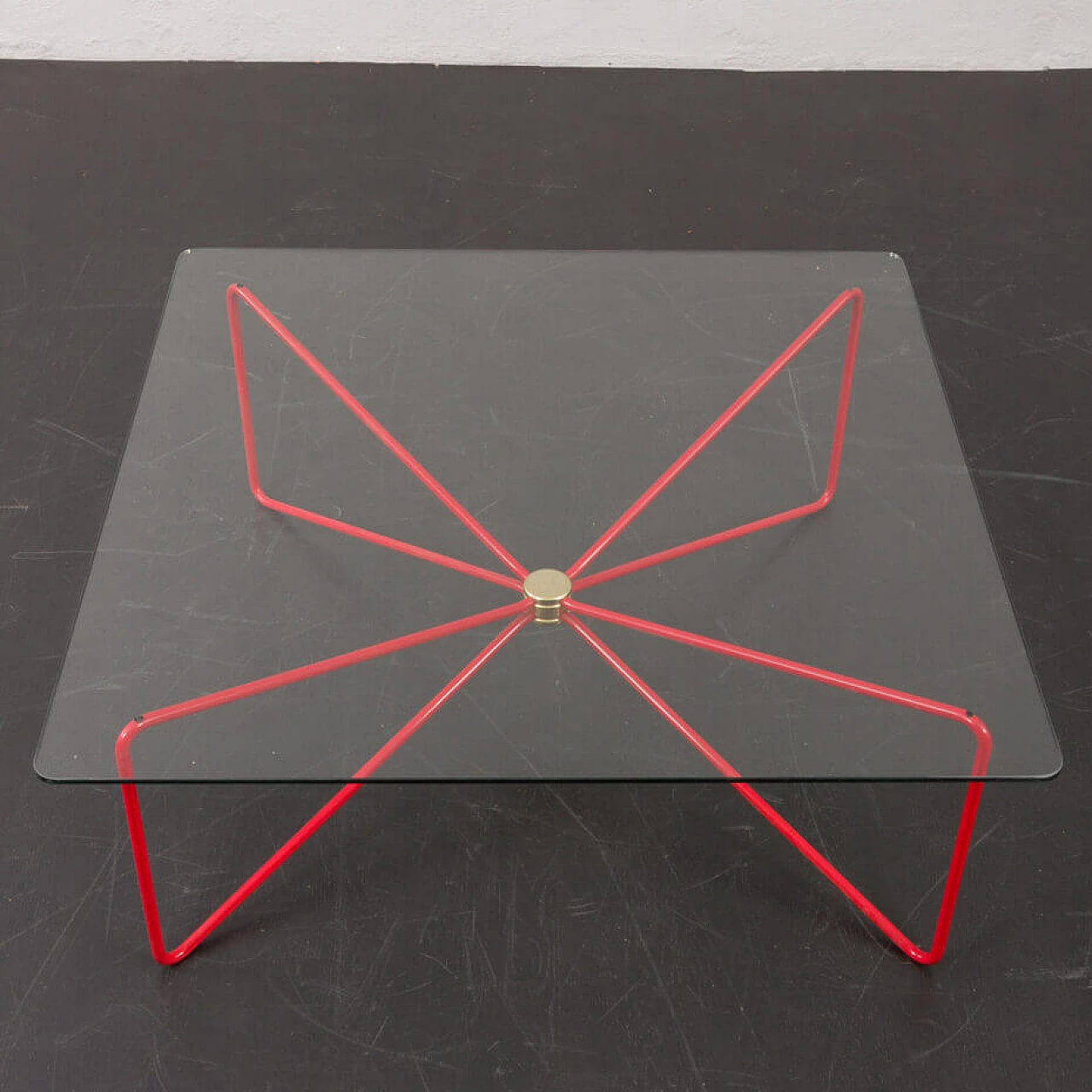Square coffee table with red Spaghetti base and glass top, 1970s 3
