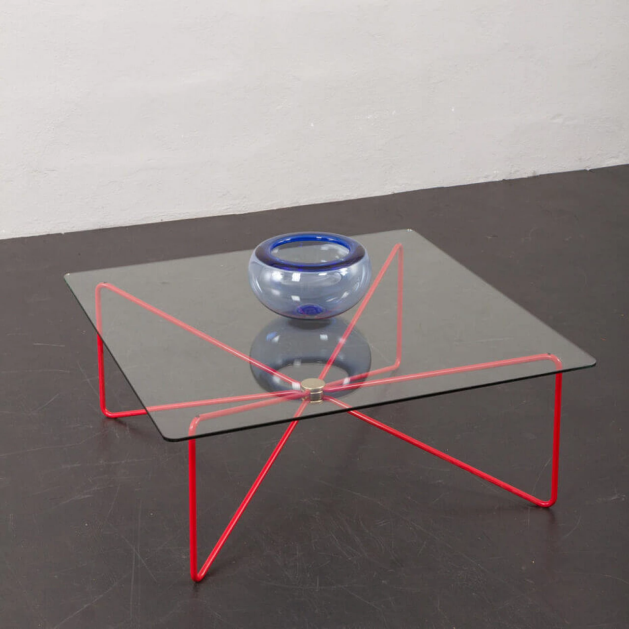 Square coffee table with red Spaghetti base and glass top, 1970s 8