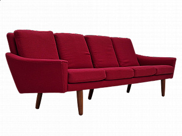 Danish four-seater red wool and teak sofa, 1970s