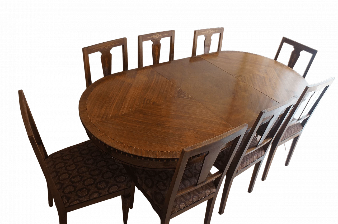 8 Chairs and extending walnut table with fine inlays, 1940s 27