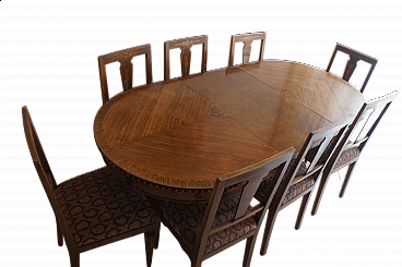 8 Chairs and extending walnut table with fine inlays, 1940s