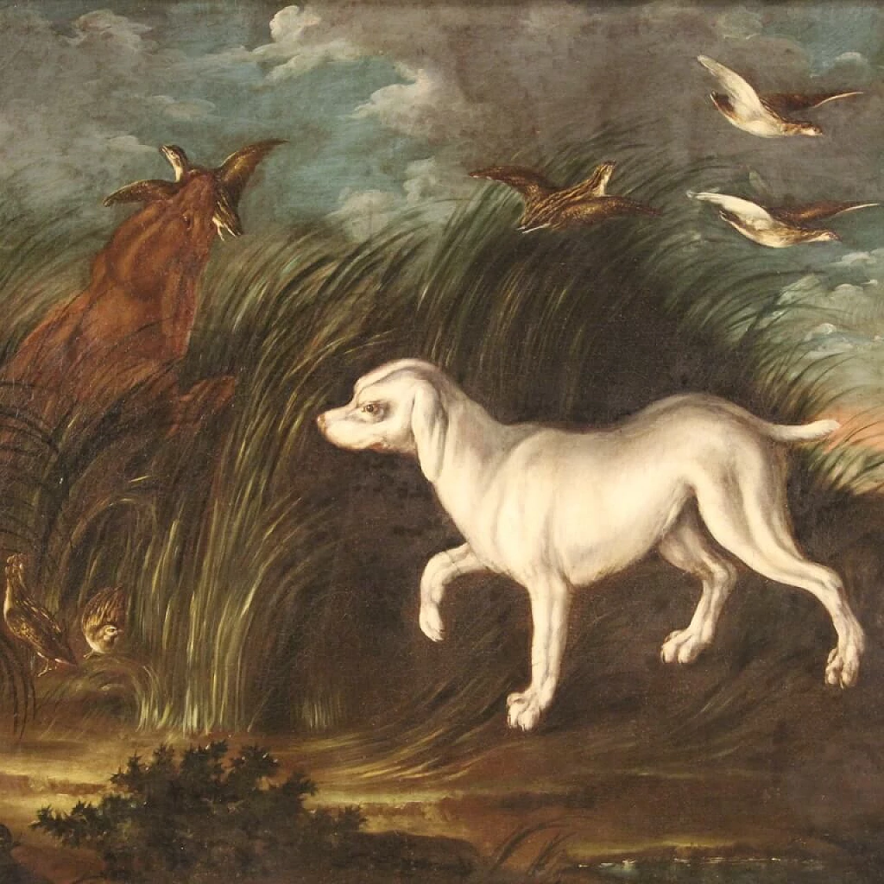 Landscape with hunting dogs and partridges, oil painting on canvas, 18th century 1