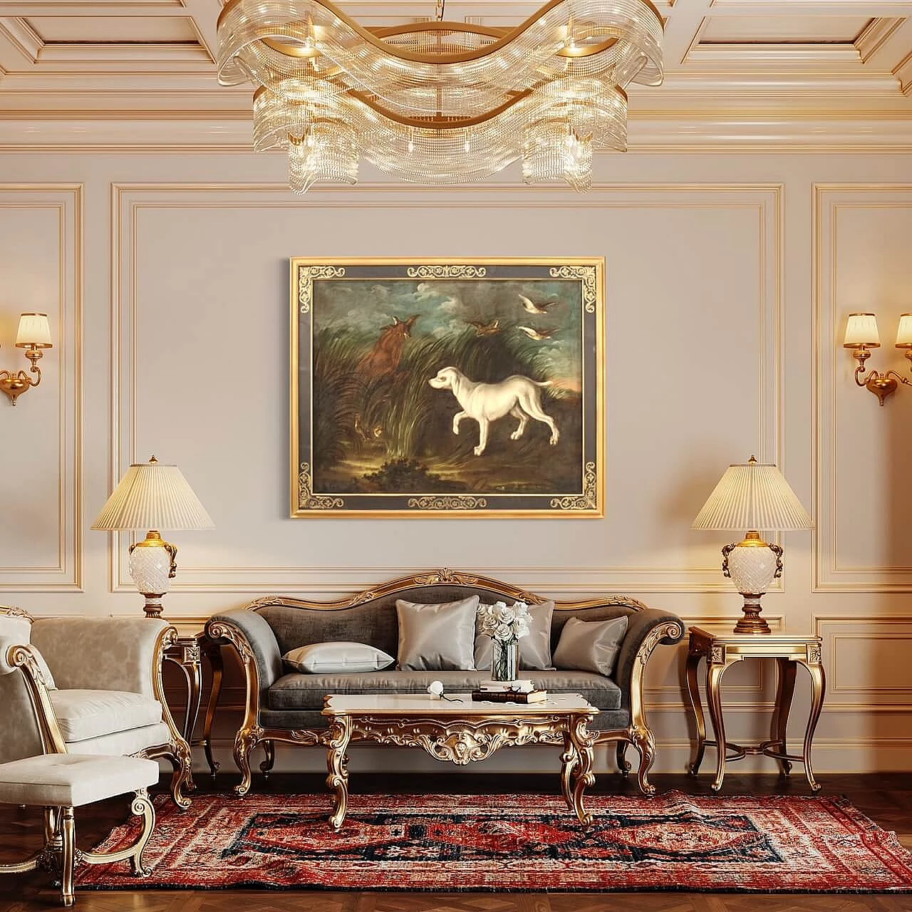 Landscape with hunting dogs and partridges, oil painting on canvas, 18th century 6