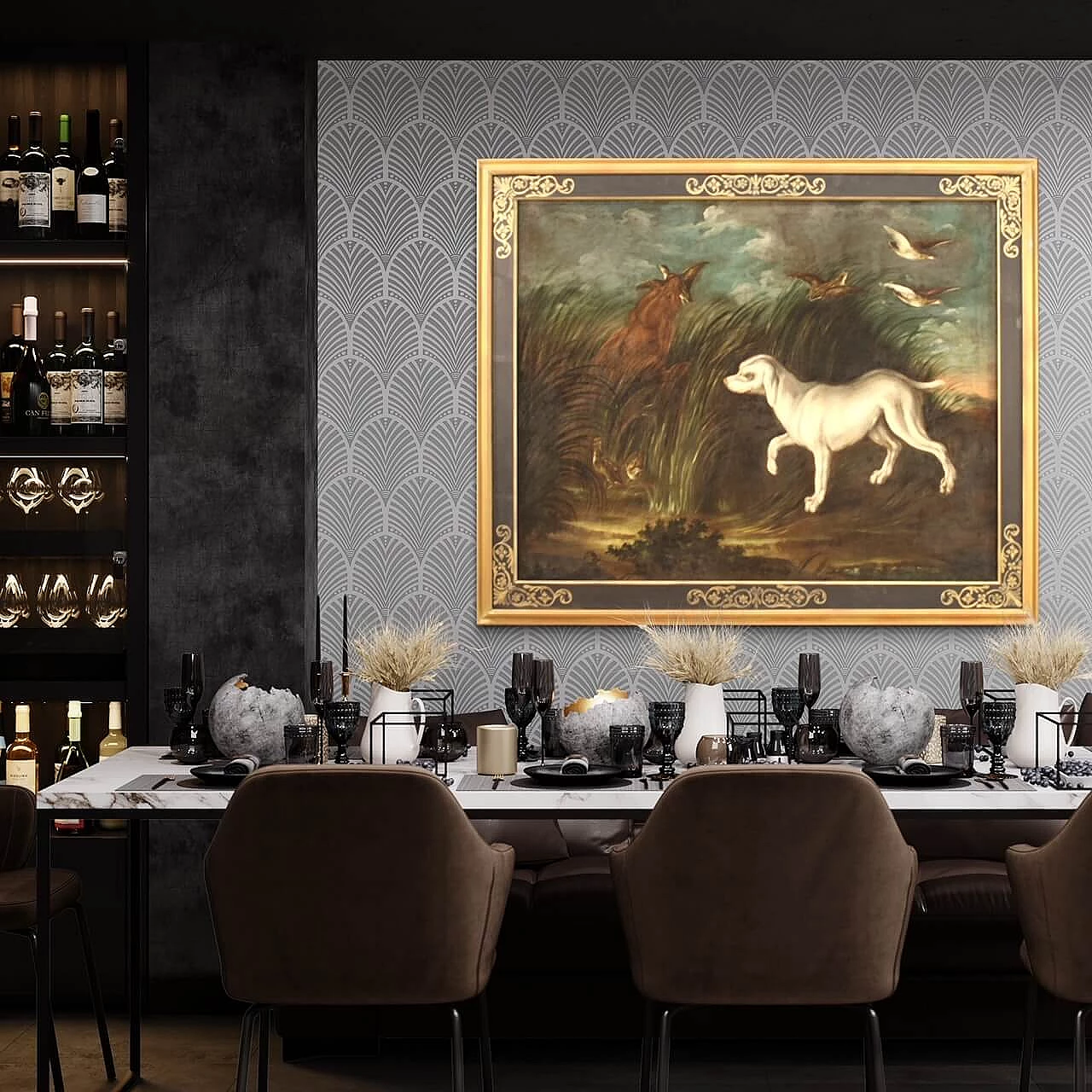 Landscape with hunting dogs and partridges, oil painting on canvas, 18th century 10