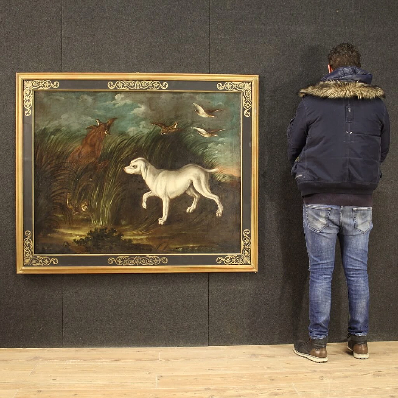 Landscape with hunting dogs and partridges, oil painting on canvas, 18th century 16