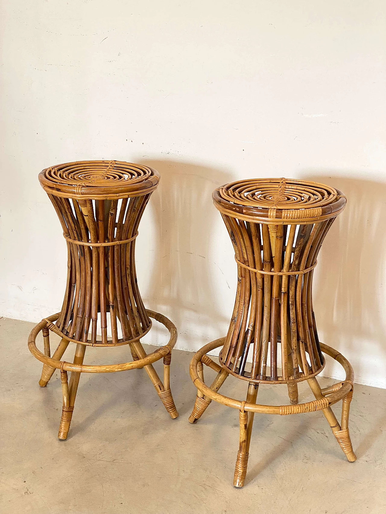 Pair of bamboo stools, 1970s 1