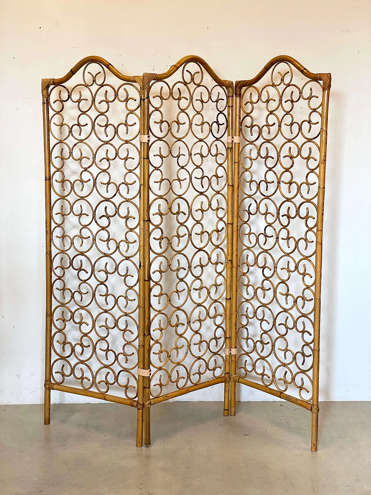 Paravento a tre ante in bambù, anni '70 1