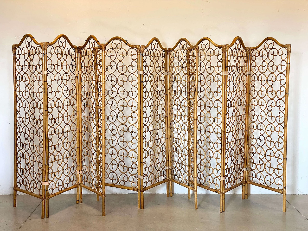 Paravento a tre ante in bambù, anni '70 4