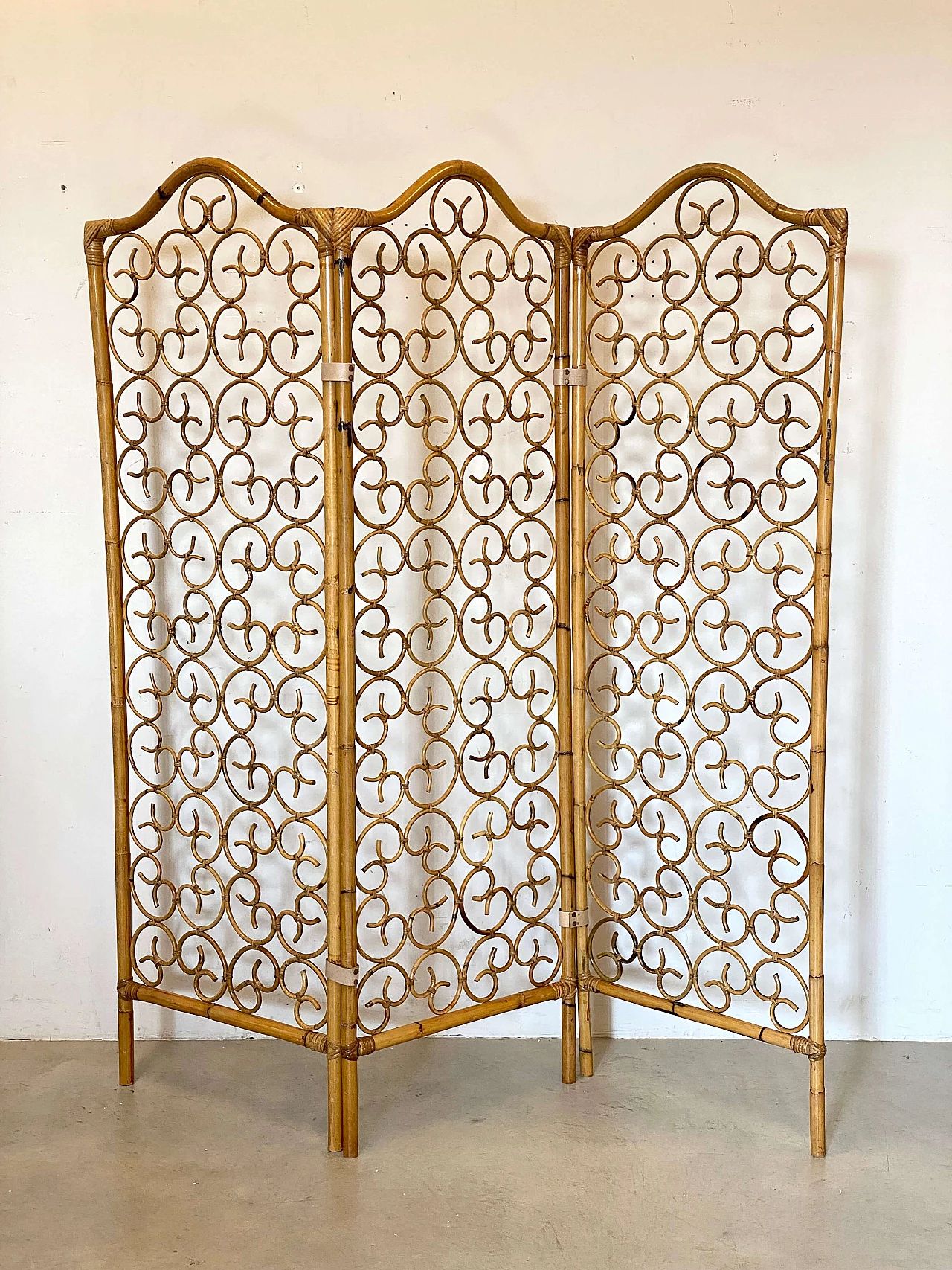 Paravento a tre ante in bambù, anni '70 6