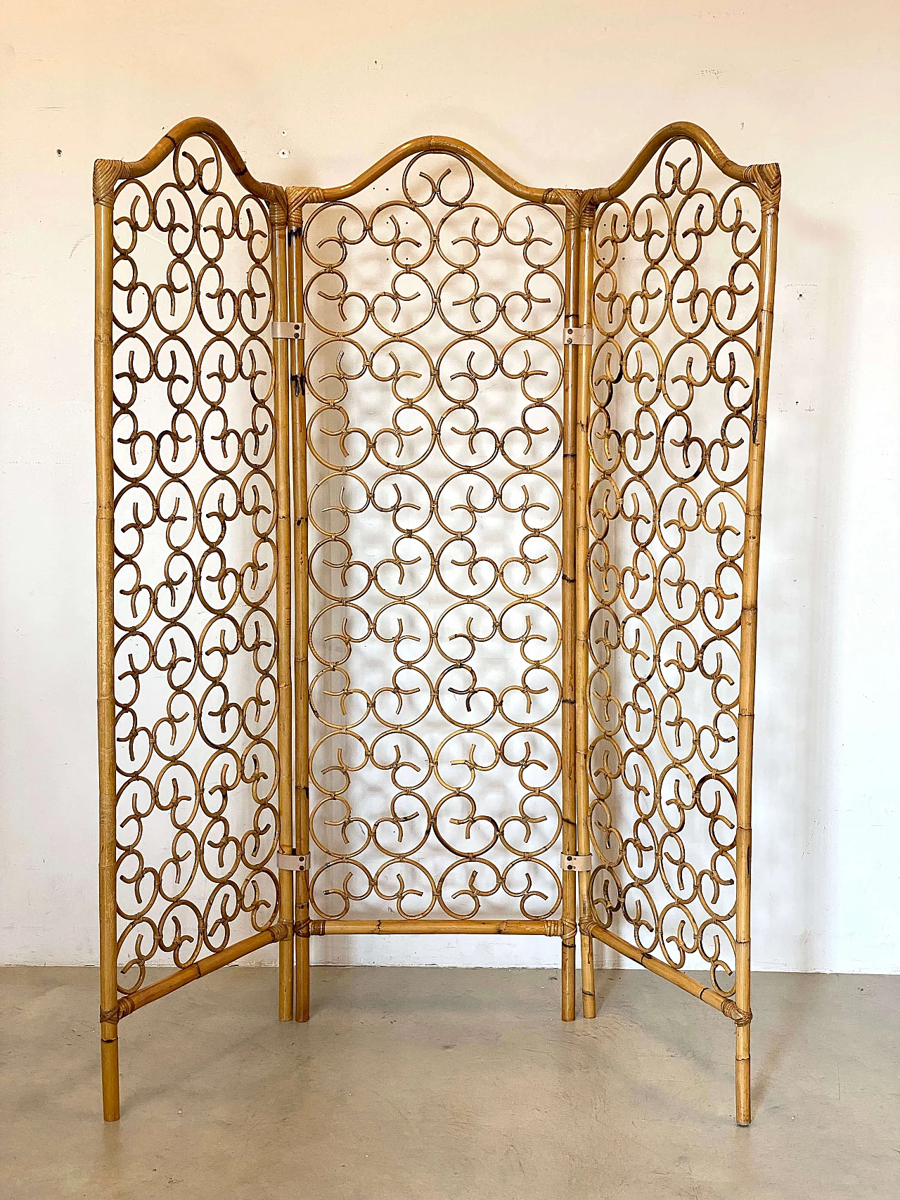 Paravento a tre ante in bambù, anni '70 7