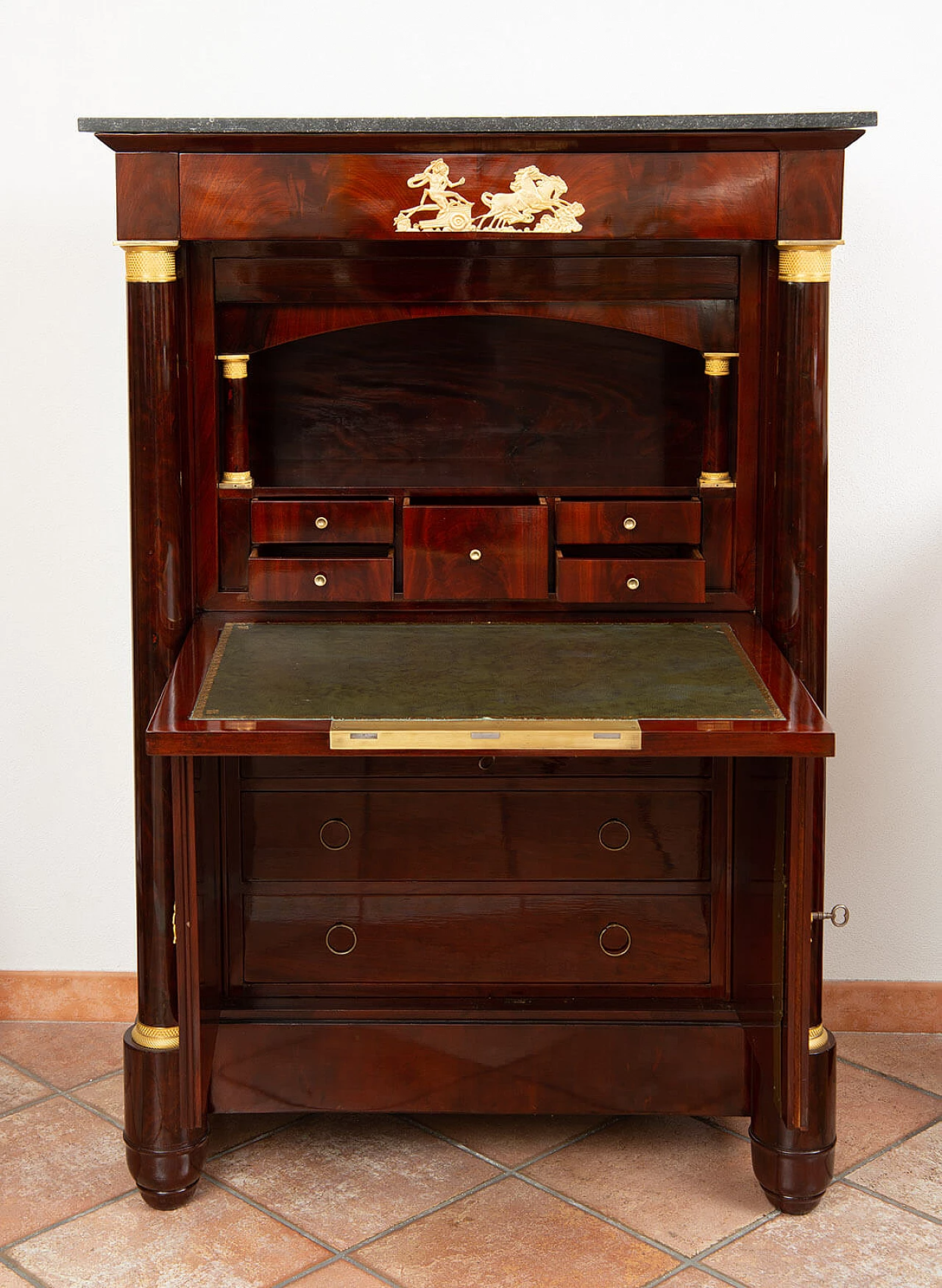 Mahogany feather Empire secrétaire with gilded bronze grafts, 19th century 10