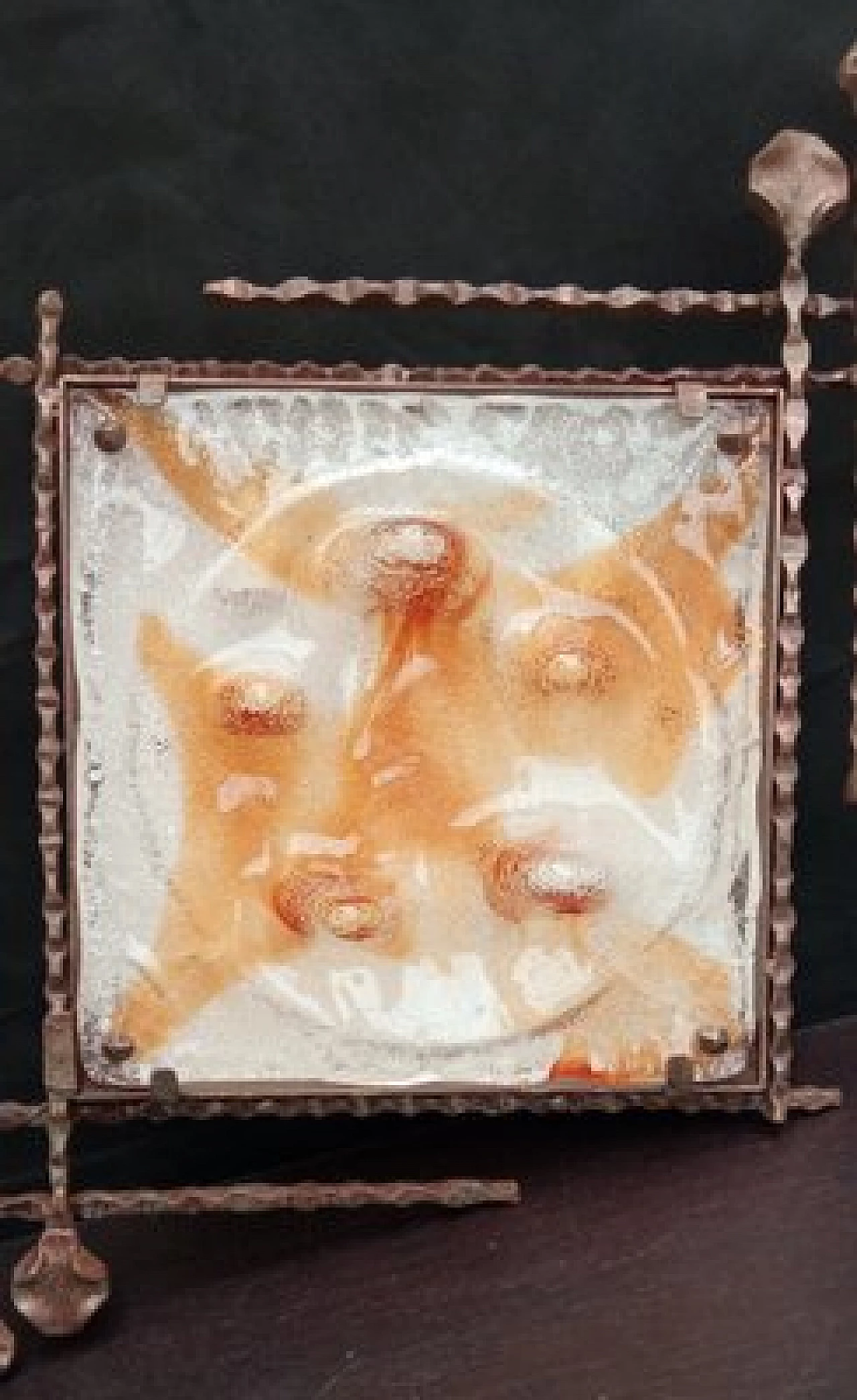 Lampada da soffitto in vetro con struttura in ferro battuto e finitura in bronzo, anni '70 3