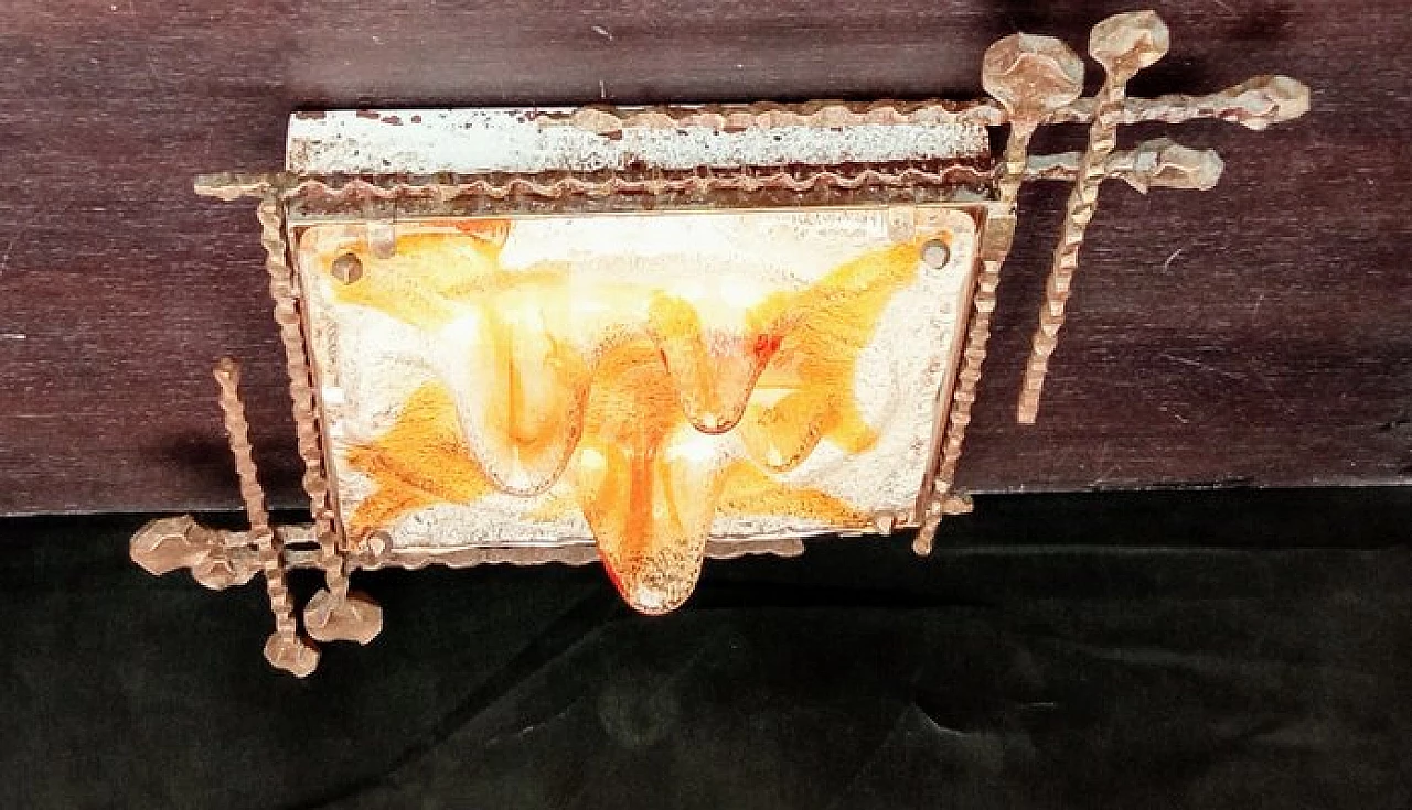 Lampada da soffitto in vetro con struttura in ferro battuto e finitura in bronzo, anni '70 7