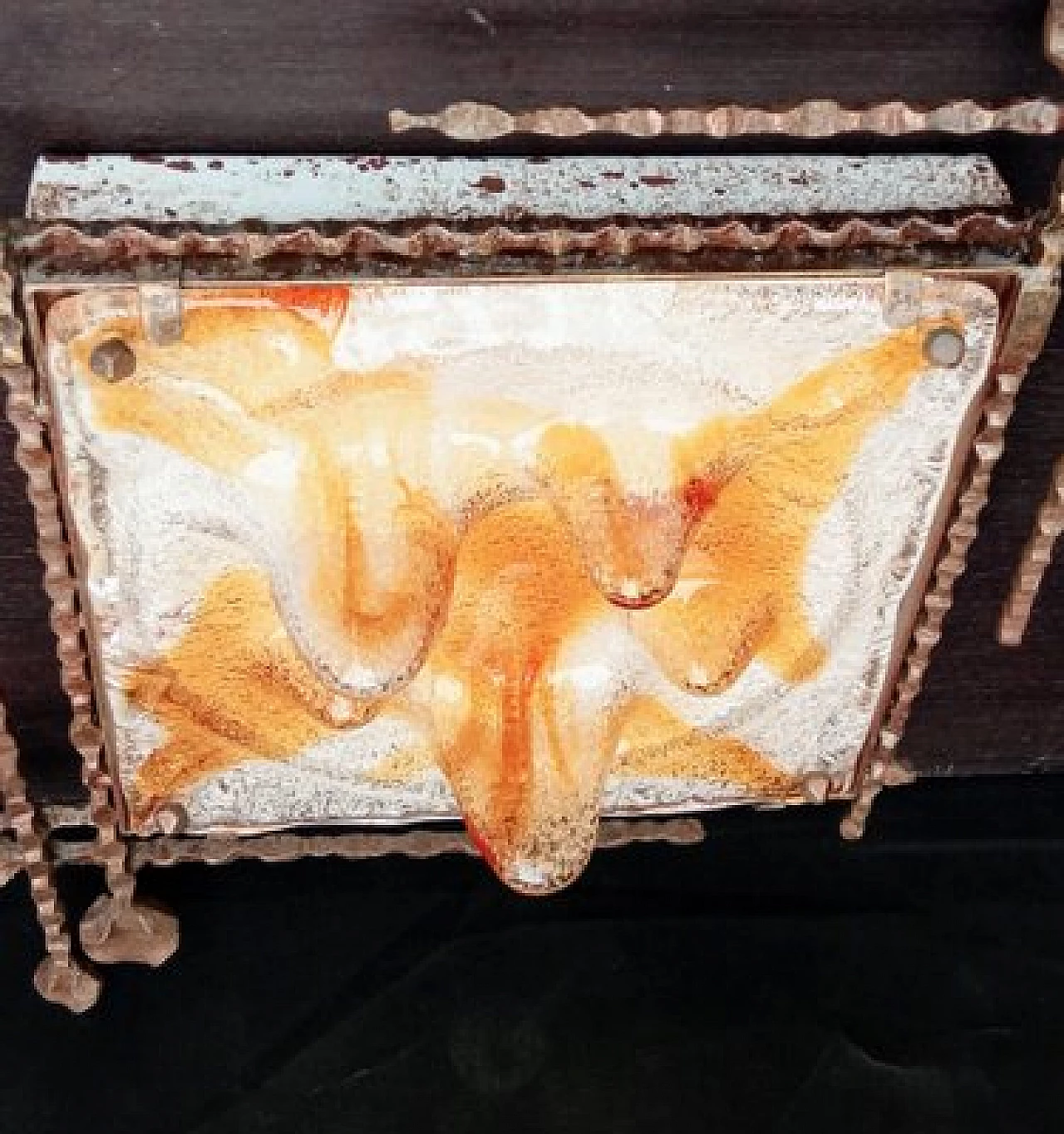 Lampada da soffitto in vetro con struttura in ferro battuto e finitura in bronzo, anni '70 9