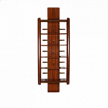 Wall-mounted bookcase in solid wood with exotic wood veneer and brass, 1960s