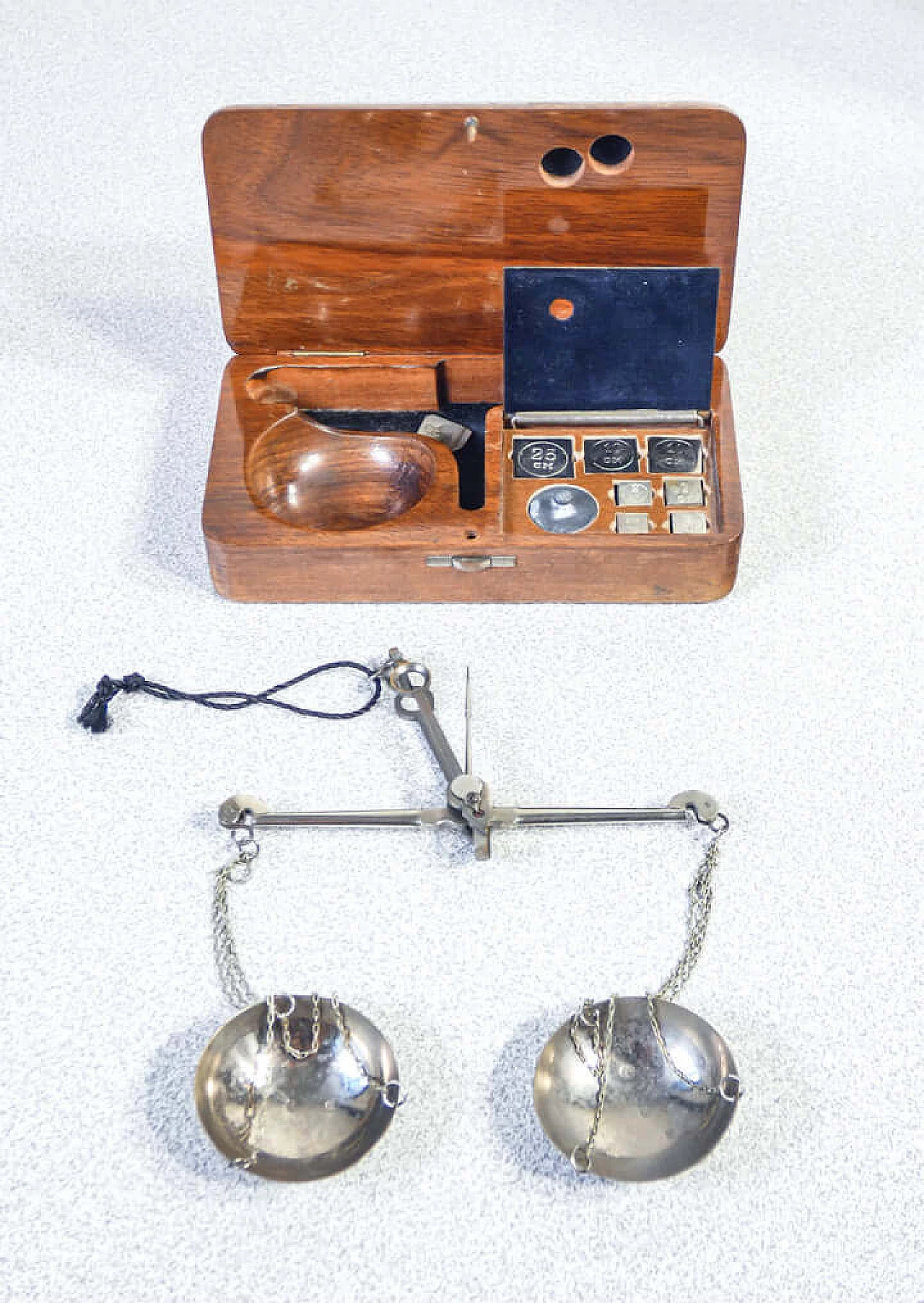 Precision balance with weights and wood case, early 20th century 1