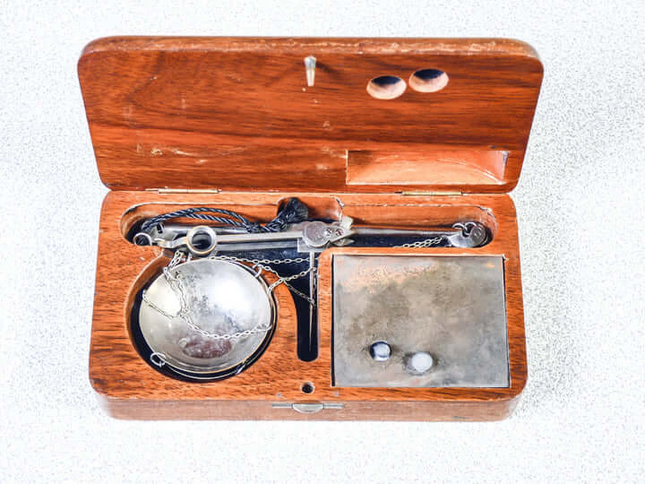 Precision balance with weights and wood case, early 20th century 4