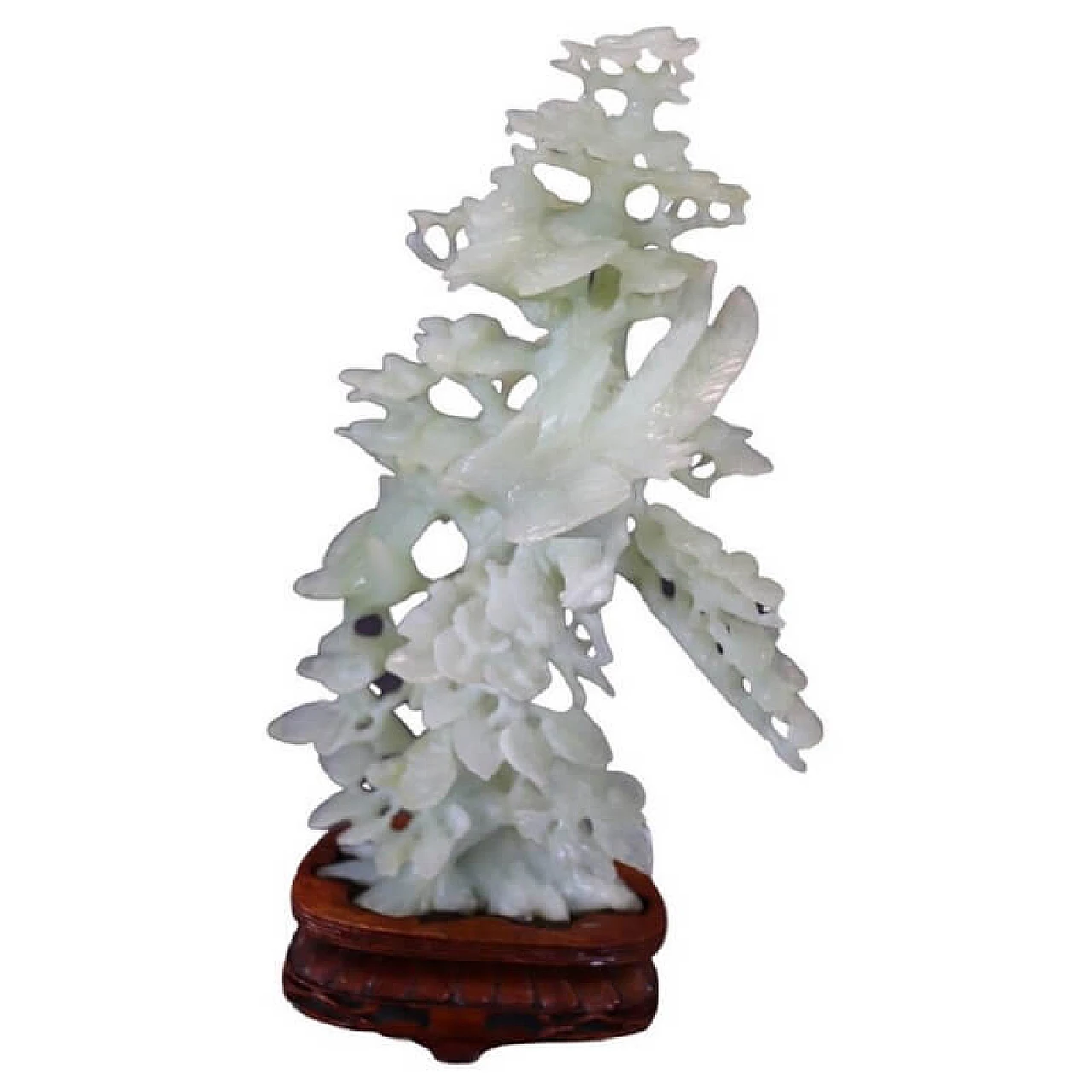 Chinese carved jade tree and bird sculpture with wood base 1