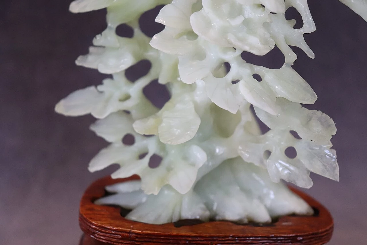 Chinese carved jade tree and bird sculpture with wood base 5
