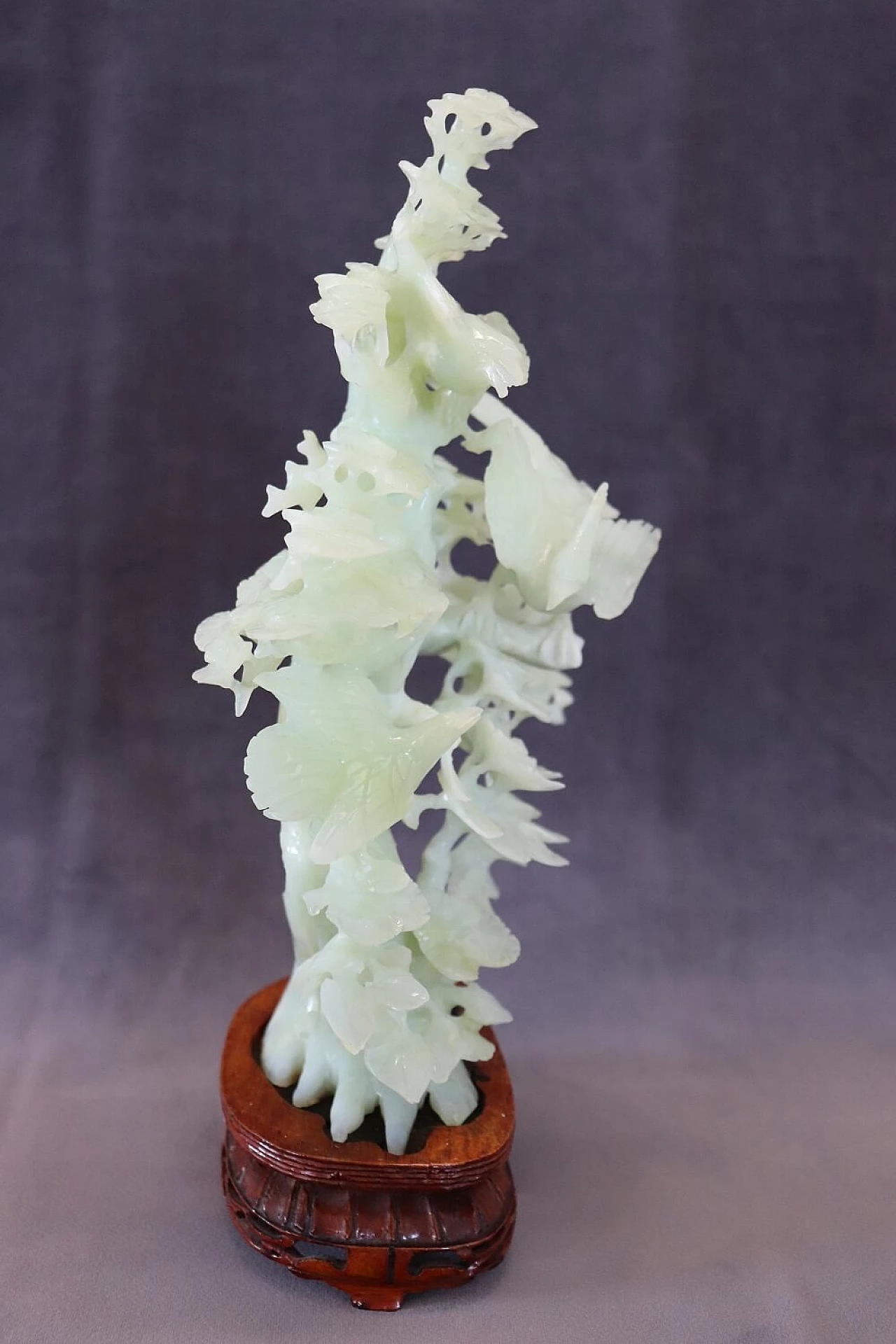 Chinese carved jade tree and bird sculpture with wood base 6