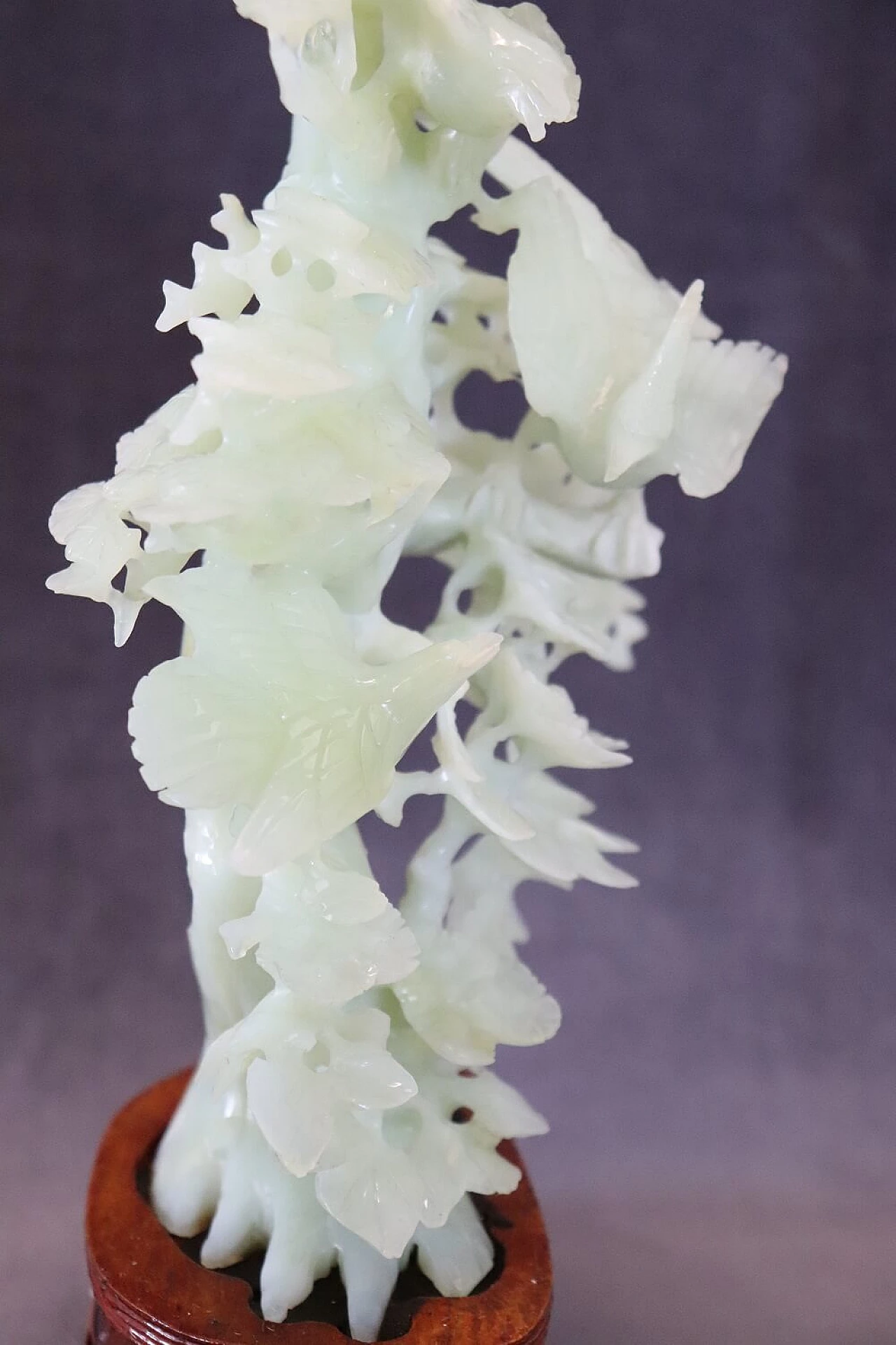 Chinese carved jade tree and bird sculpture with wood base 7