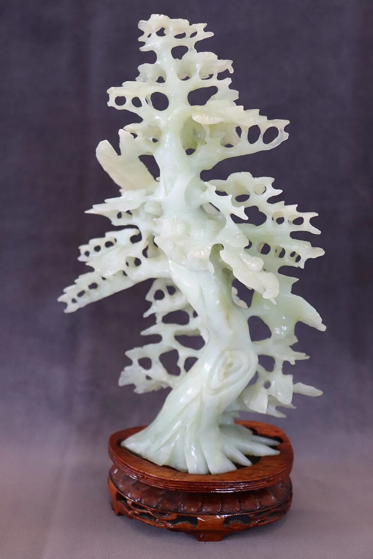 Chinese carved jade tree and bird sculpture with wood base 8