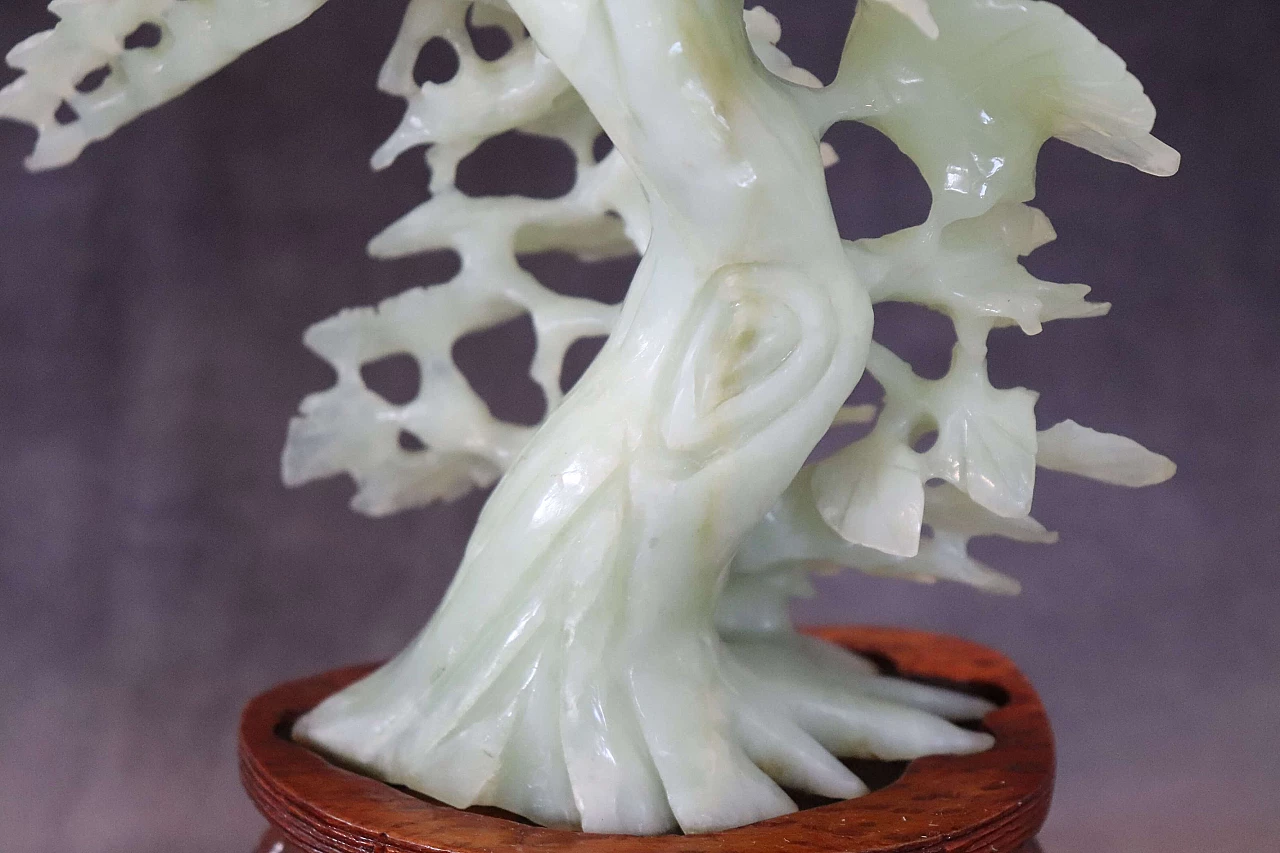 Chinese carved jade tree and bird sculpture with wood base 9