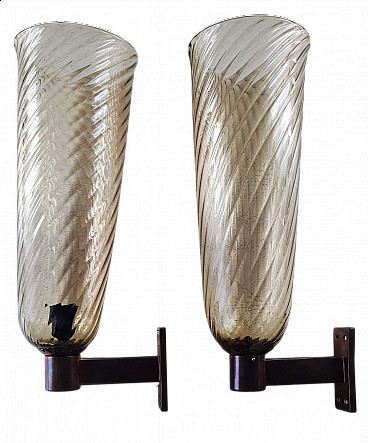 Pair of Art Deco Murano glass and brass wall sconces, 1920s