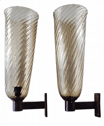 Pair of Art Deco Murano glass and brass wall sconces, 1920s