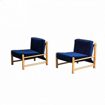 Pair of wood and blue velvet armchairs, 1970s