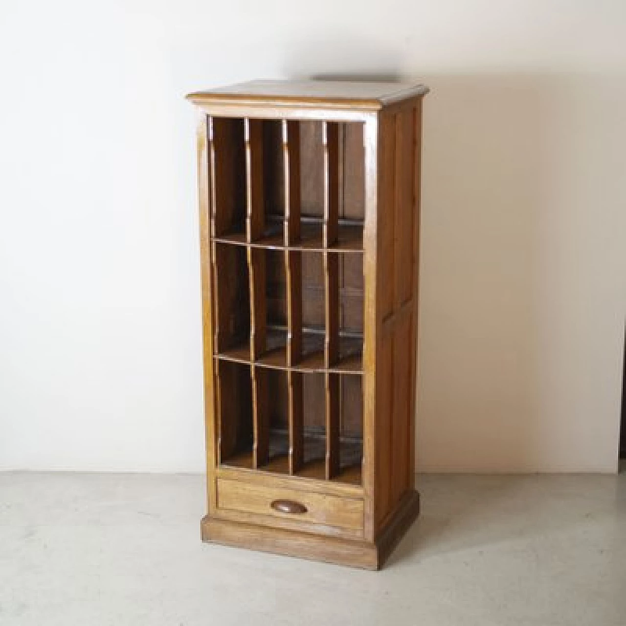 Walnut postal filing cabinet with open compartments and drawer, 1940s 1