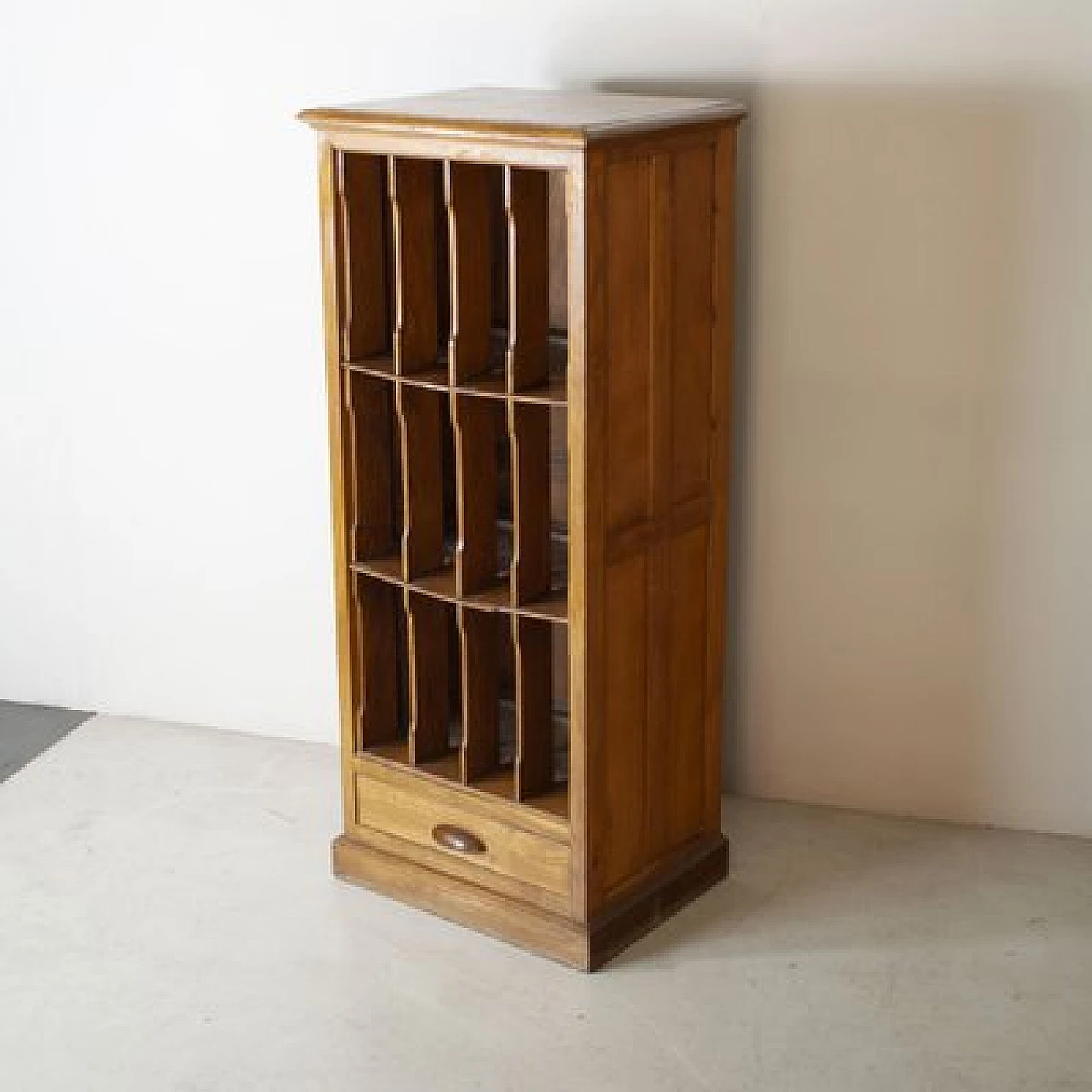Walnut postal filing cabinet with open compartments and drawer, 1940s 3