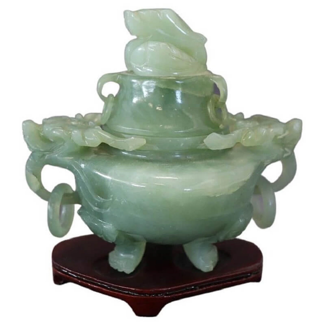 Chinese carved jade censer sculpture with wood base 1