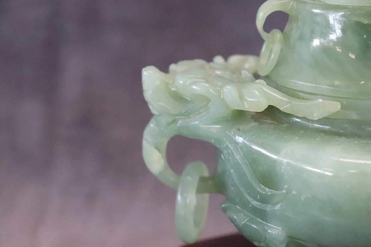 Chinese carved jade censer sculpture with wood base 2