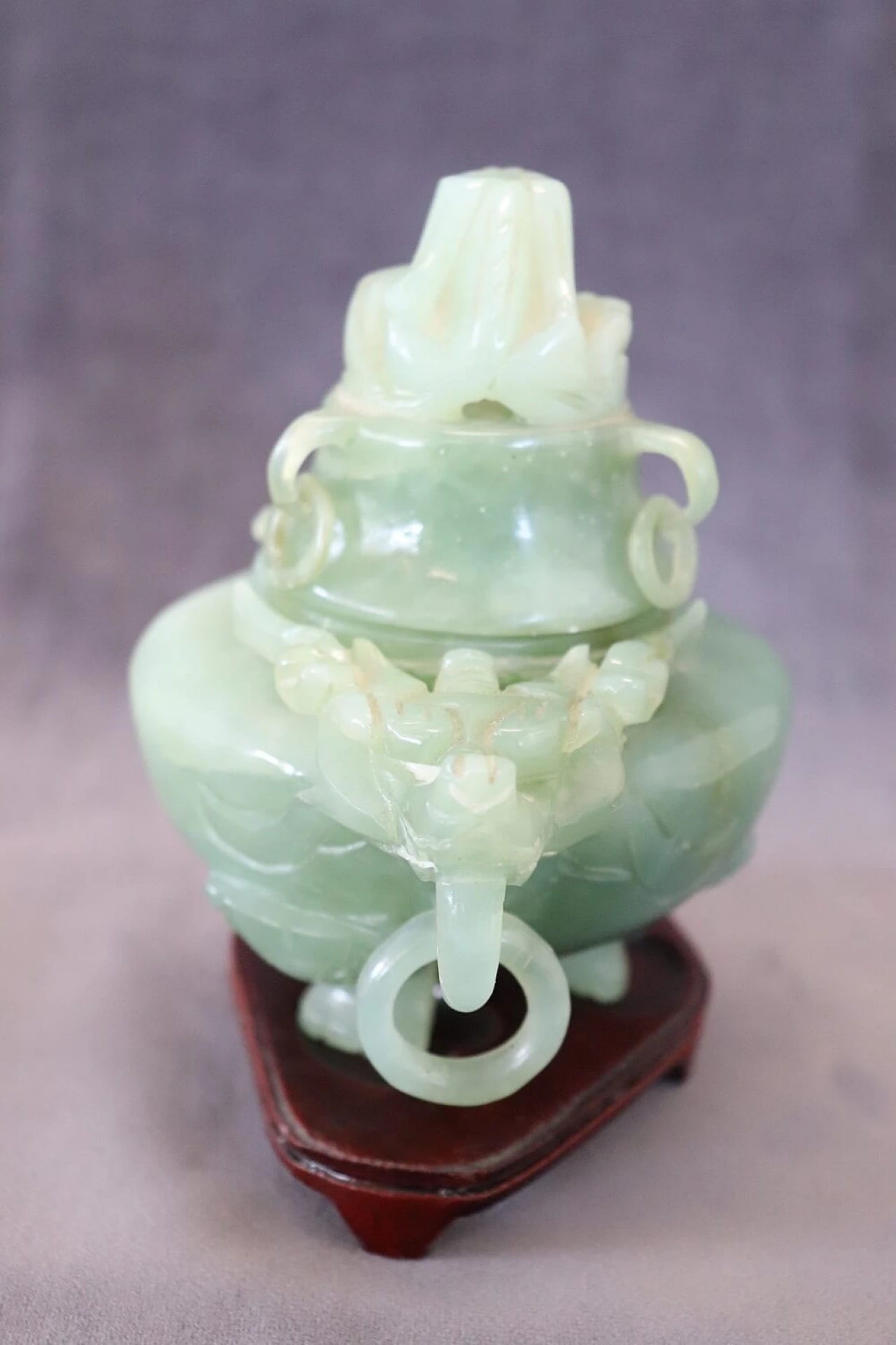 Chinese carved jade censer sculpture with wood base 5