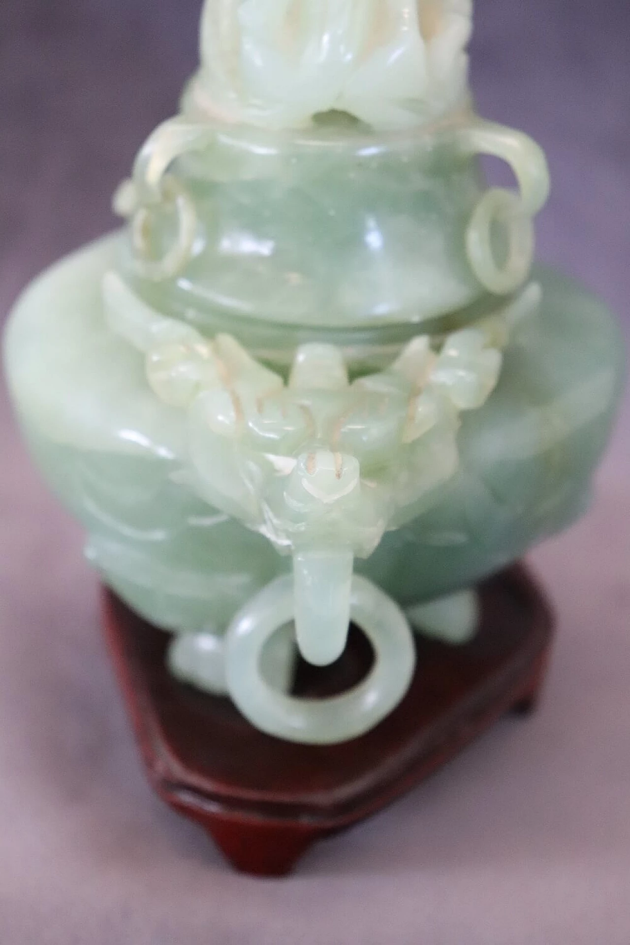 Chinese carved jade censer sculpture with wood base 6