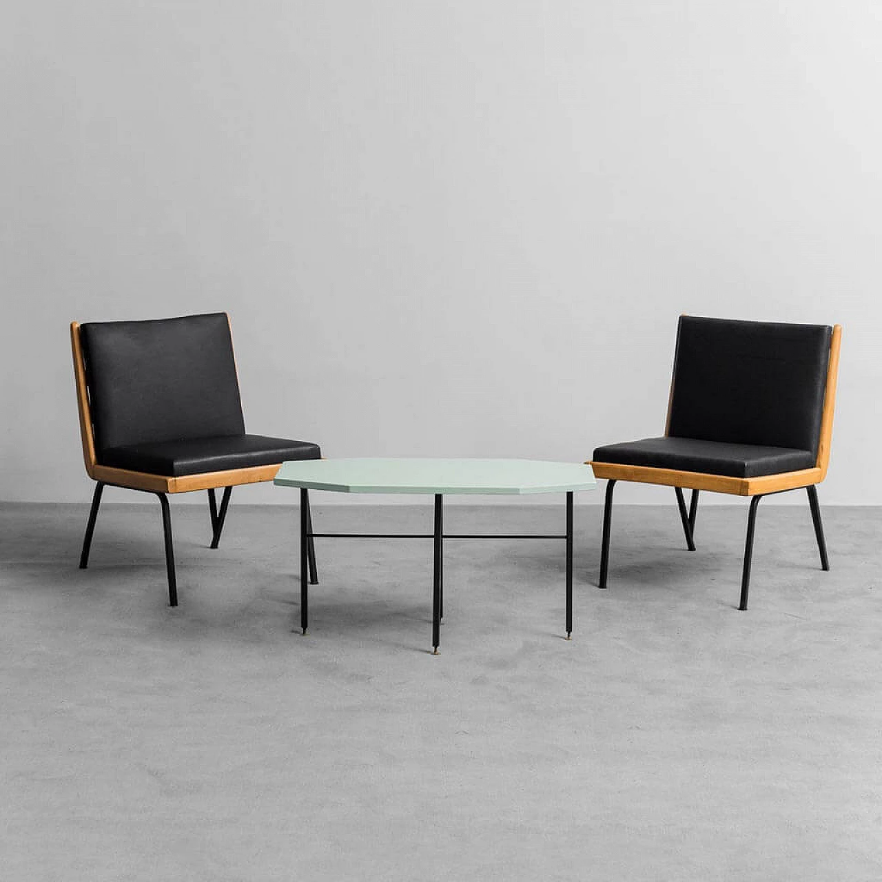 Pair of wooden and skai armchairs and coffee table in sage green wood, 1960s 1