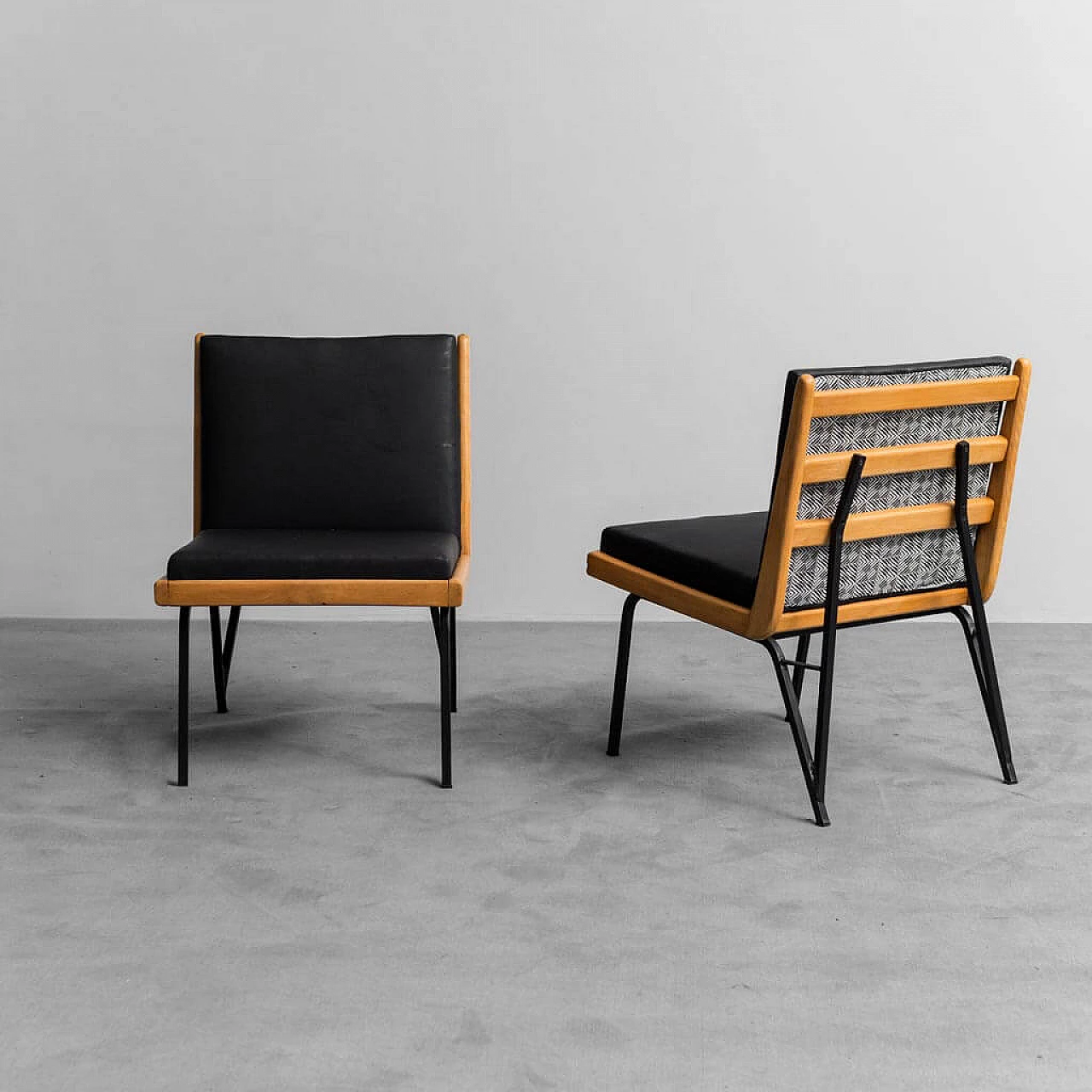 Pair of wooden and skai armchairs and coffee table in sage green wood, 1960s 7