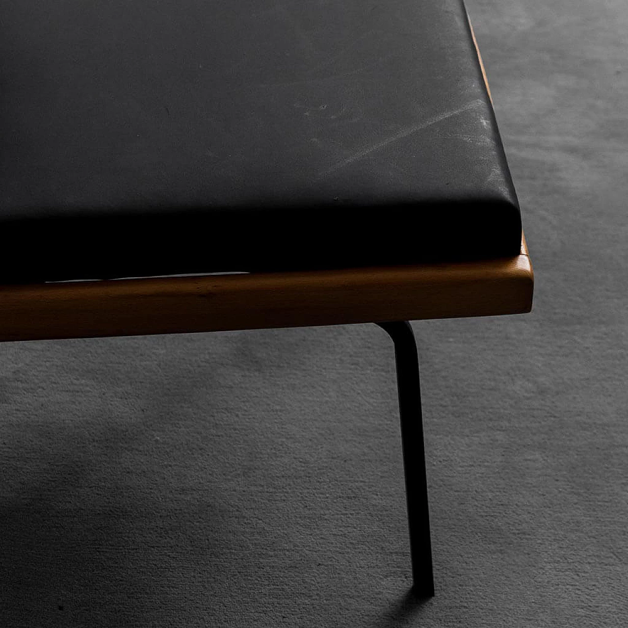 Pair of wooden and skai armchairs and coffee table in sage green wood, 1960s 8