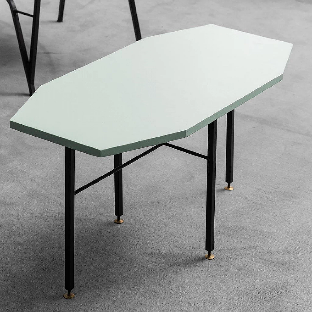 Pair of wooden and skai armchairs and coffee table in sage green wood, 1960s 9