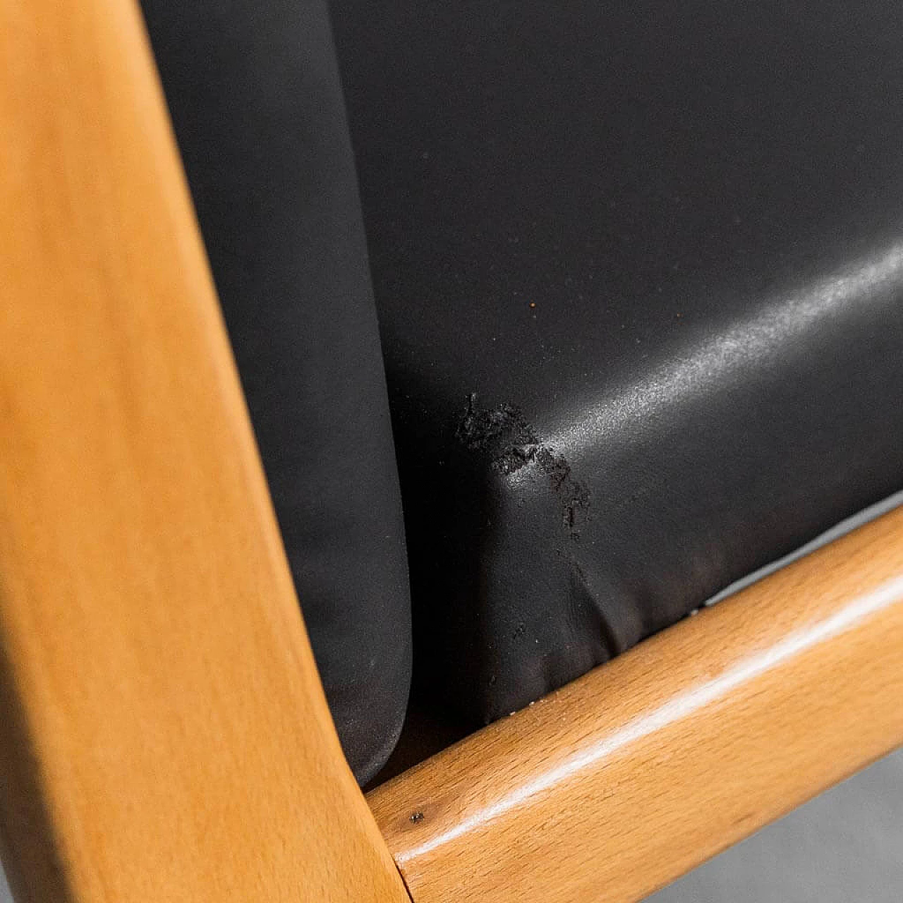 Pair of wooden and skai armchairs and coffee table in sage green wood, 1960s 11
